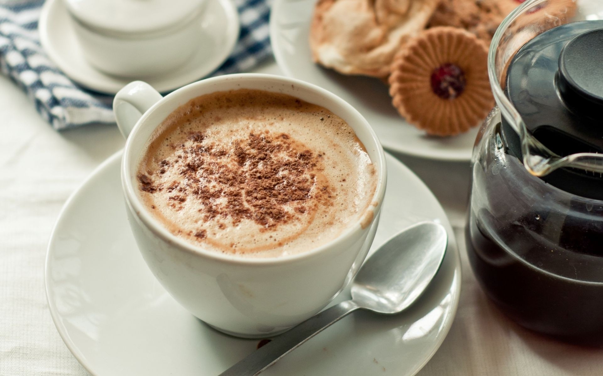 coffee espresso cup cappuccino breakfast caffeine hot dawn drink milk cream food mug foam table chocolate sugar saucer delicious