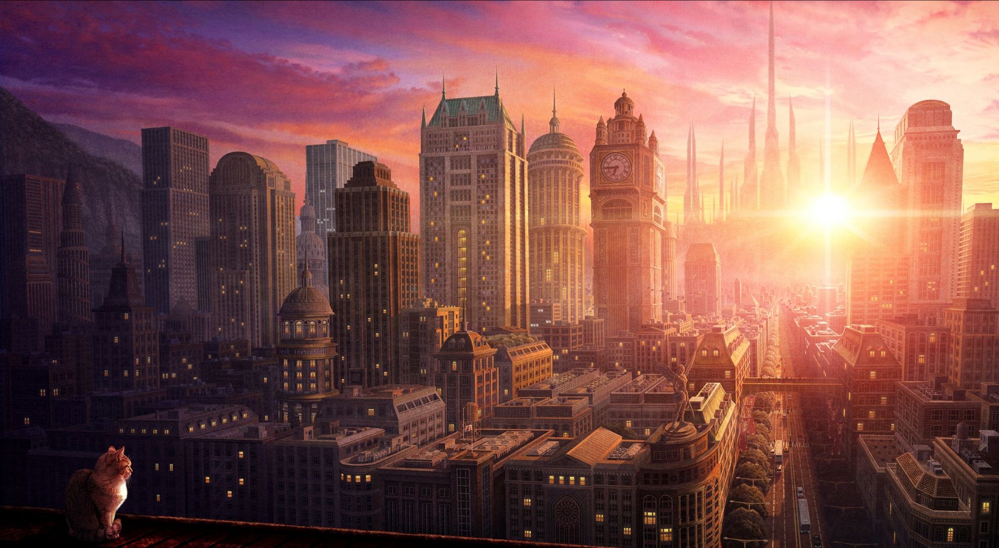 anime city building architecture skyline skyscraper cityscape evening dusk travel tower sunset urban sky river light office downtown landmark reflection