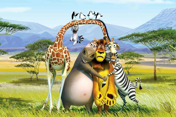 Cartoon Madagascar heroes in the savannah