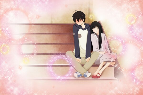 A boy and a girl on the steps