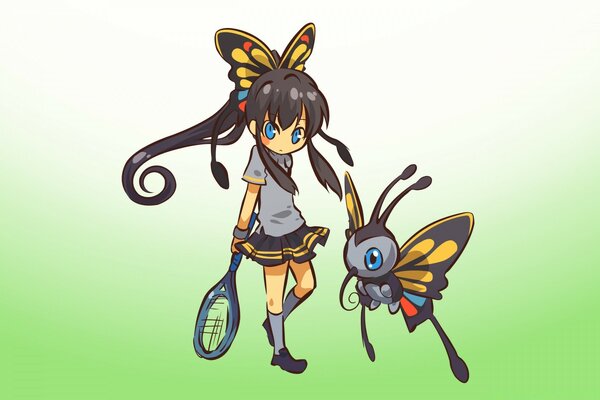 A girl plays tennis with a butterfly