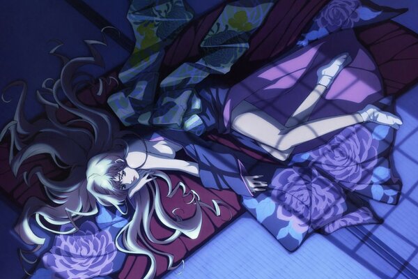 The girl is lying on the floor in anime style