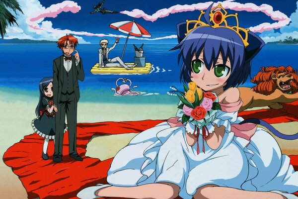 A moment from an anime movie on the background of the sea