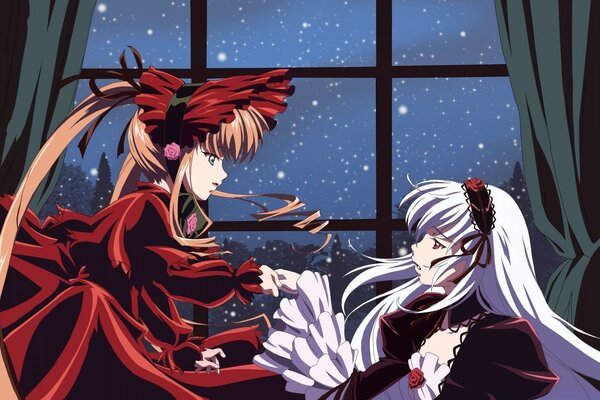 Anime drawing. Two girls talking