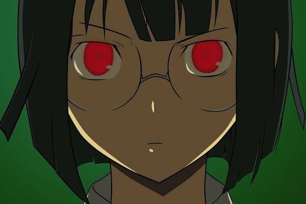 Drawing of an anime girl with big red eyes on a green background