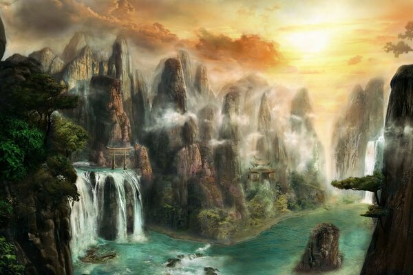 Jungle nature with waterfalls and dense greenery