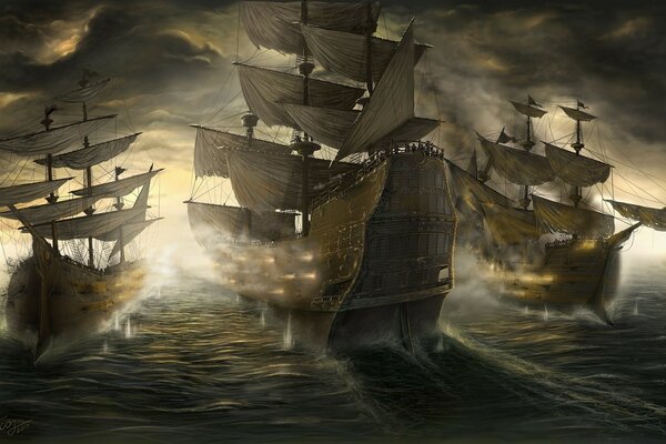 Combat sailboats on the background of sunset