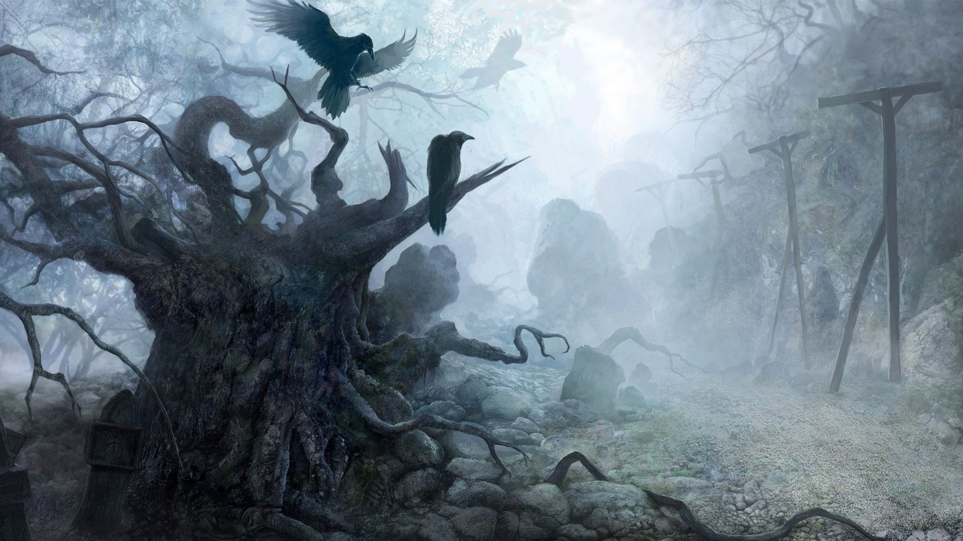 fantasy art painting illustration tree water cold winter fog