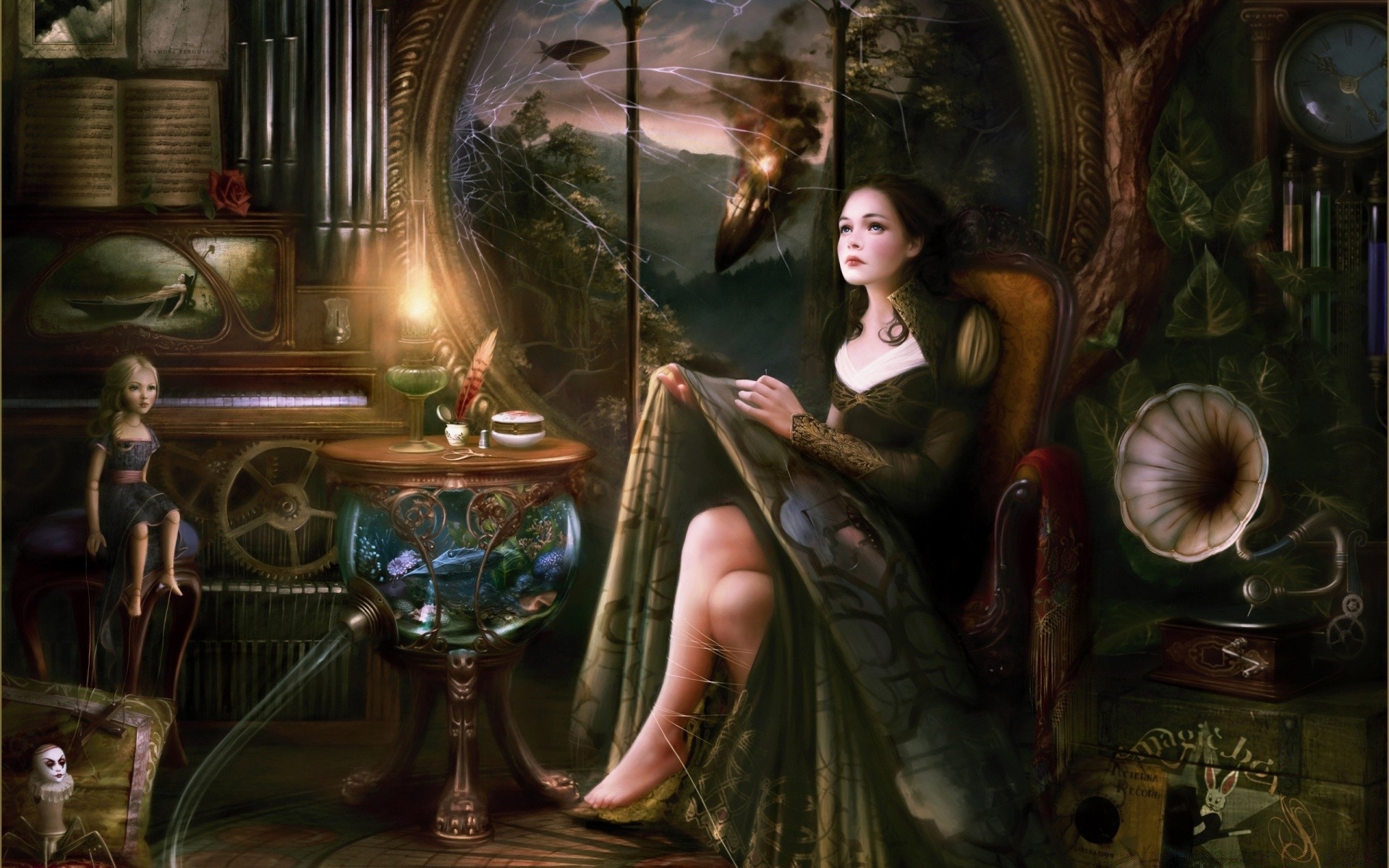 fantasy painting art religion seat indoors woman furniture adult one