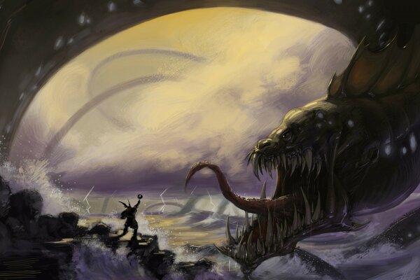 Fantasy monster s head and the moon