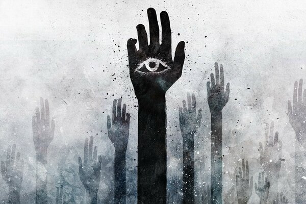 Forest of hands with a third eye