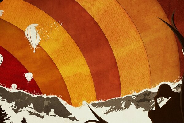 Sunny sky, balloons over the mountains in the grunge style