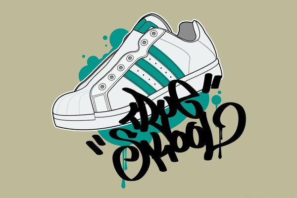 Graffiti. White sneaker with green stripes