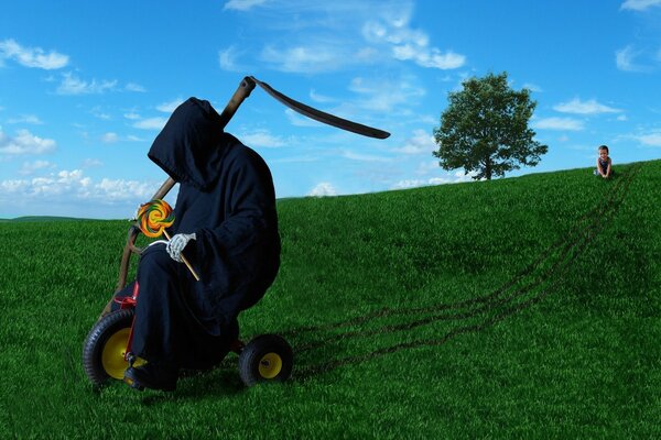 Landscape of black humor on the grass and outdoors