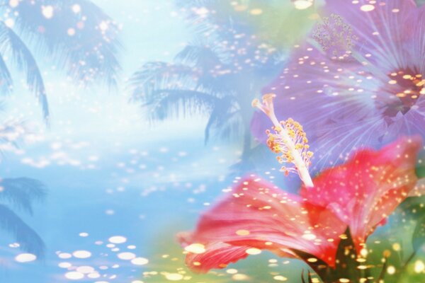 Bright summer college with palm trees and tropical flowers