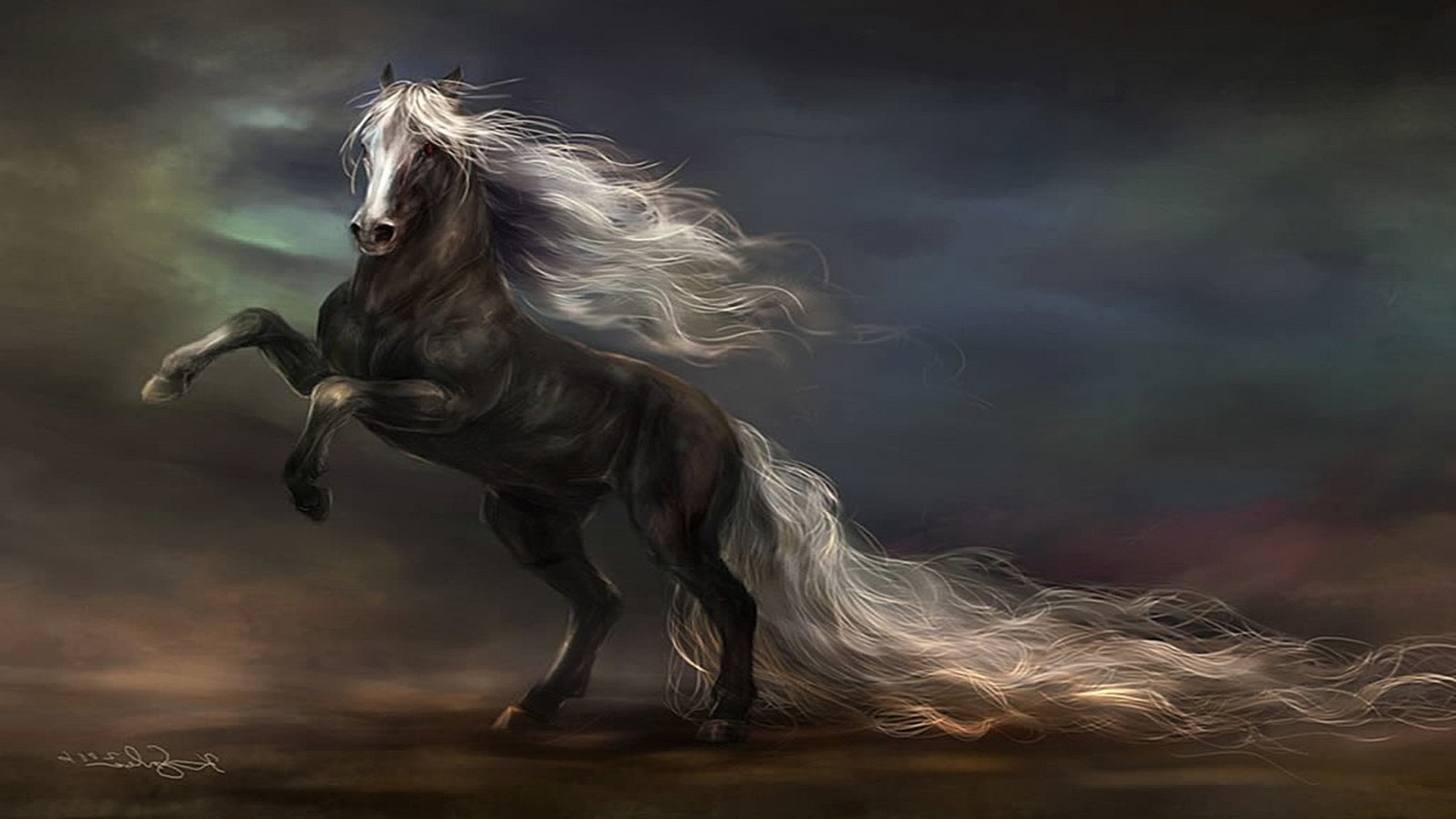 horses cavalry mare fantasy illustration art motion storm mammal water sunset moon fairytale horse magic sky