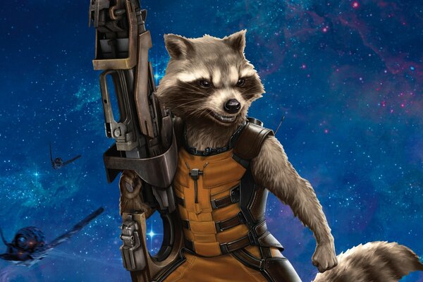 Cartoon raccoon warrior with weapons in space