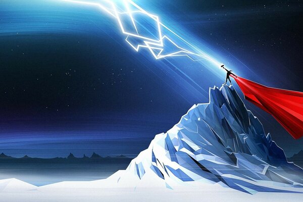 Cartoon man on the mountain in winter