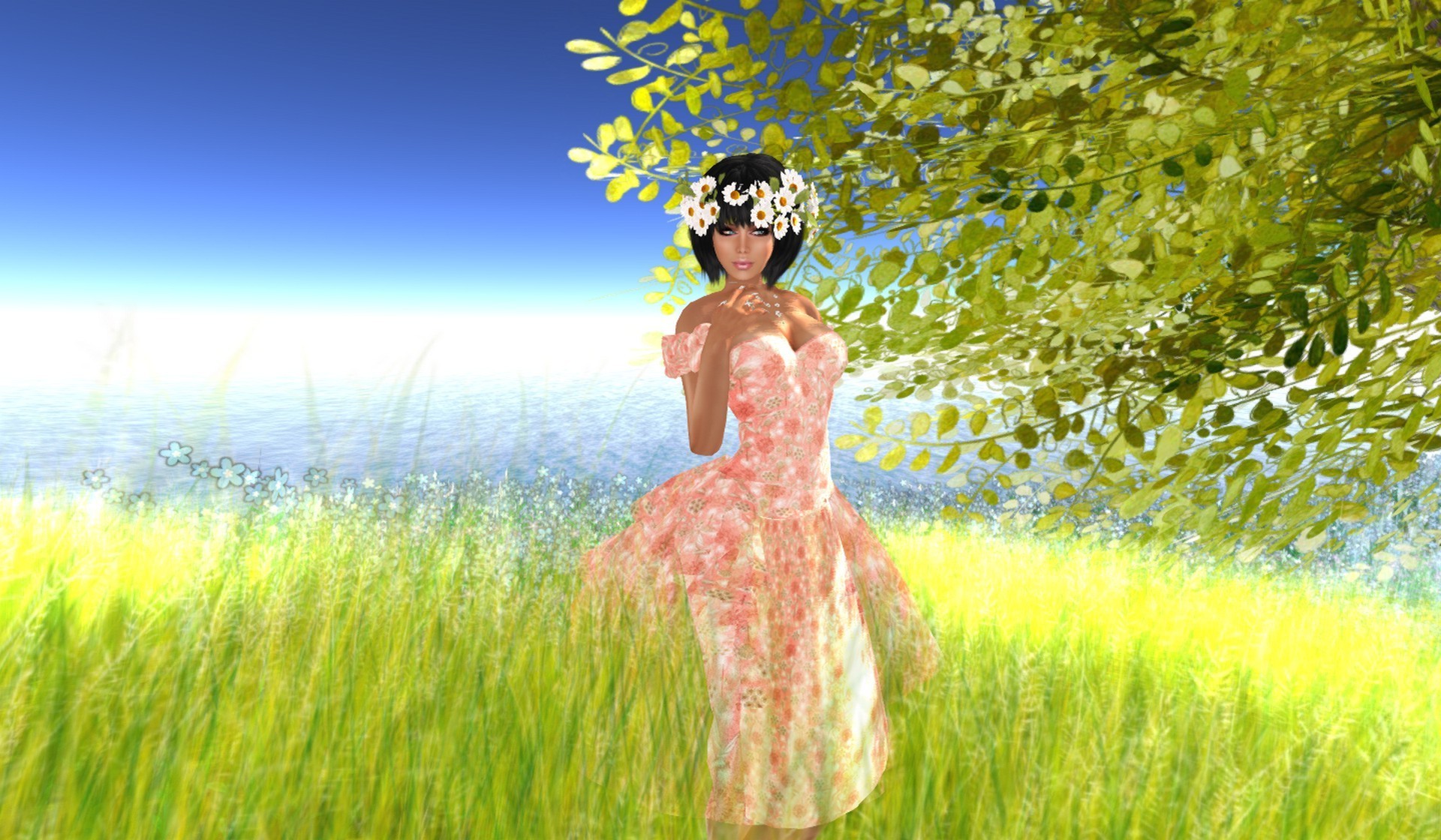 fantasy summer nature grass joy hayfield field leisure happiness relaxation outdoors freedom fun enjoyment sky young girl beautiful dress water love