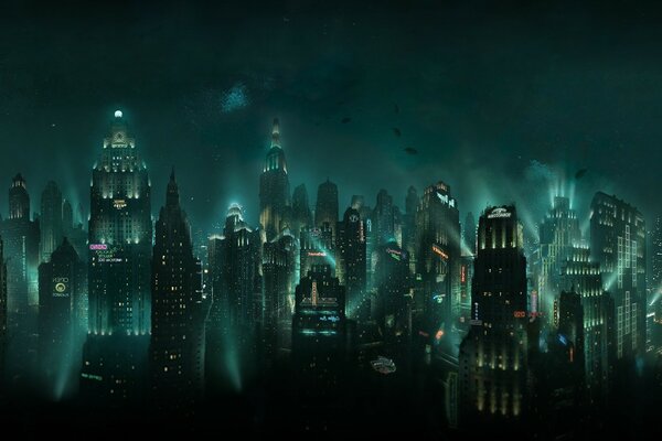 Wraparound night view of skyscrapers