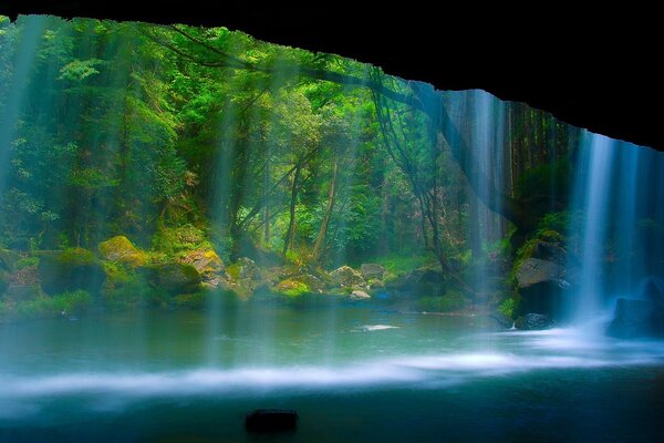 Hidden cave from prying eyes behind a waterfall