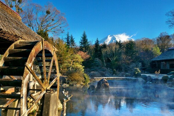 A small village stands near a pond