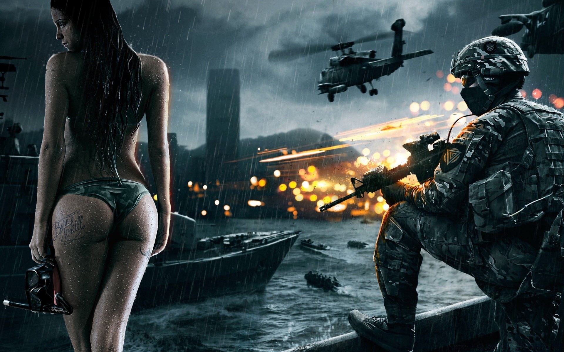 battlefield one smoke adult woman water weapon military girl dark portrait