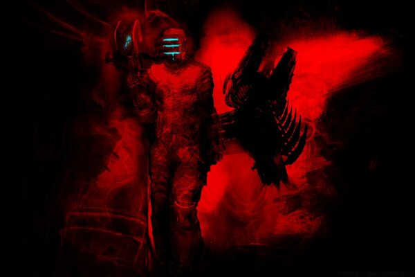 Robot on a red background with backlight on the mask