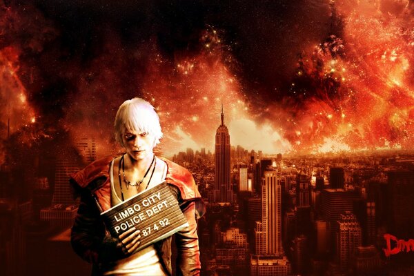 Survivor in the background of a burning city