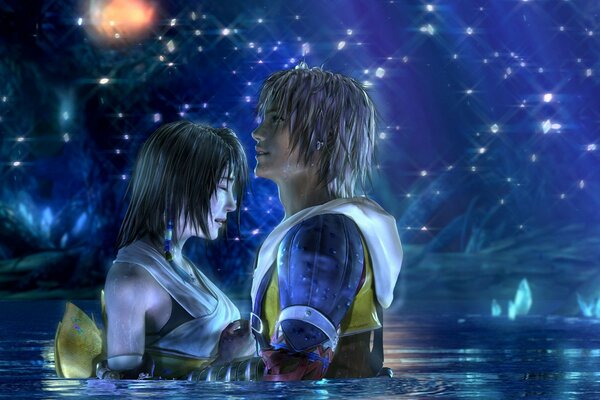 Beautiful woman and man in the water against the sky