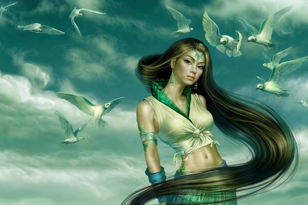 Graphics dark-haired siren surrounded by birds