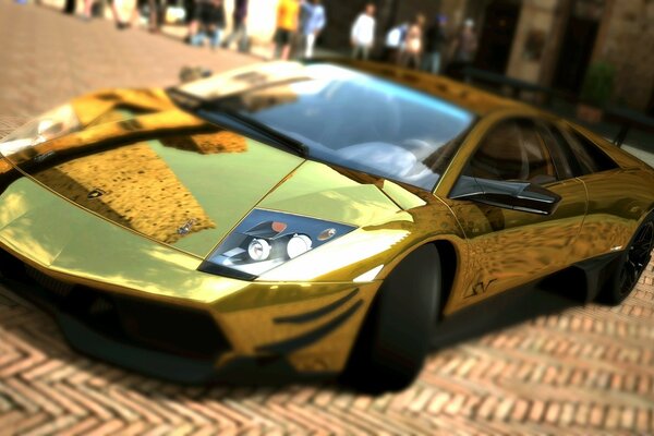 Golden car on the street background