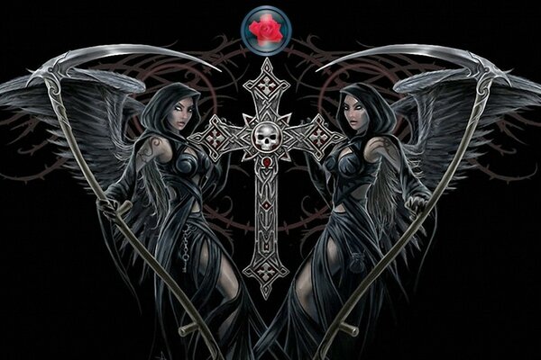 Two girls are holding on to the cross of evil