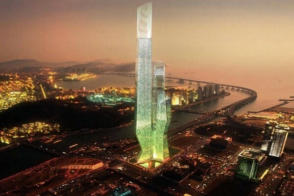 Abstraction of a glowing building in a megalopolis