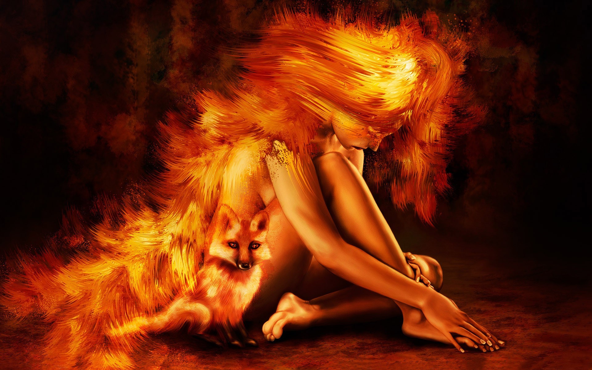 magical animals portrait one woman art fantasy flame magic adult cat hot