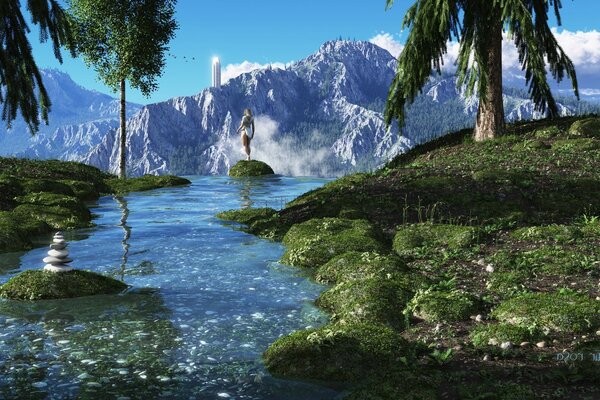Sky, mountains, waterfall, trees