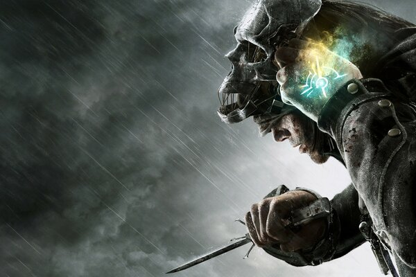 An adult man in a helmet and with a cold weapon
