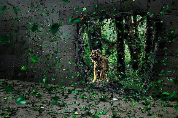 A tiger in the greenery flying around it
