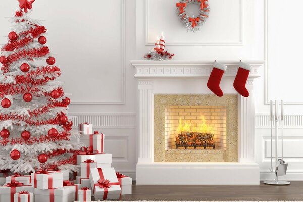 A Christmas tree by the fireplace in red and white style, and a mountain of gifts