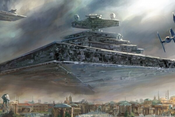A ship of star warriors over the city