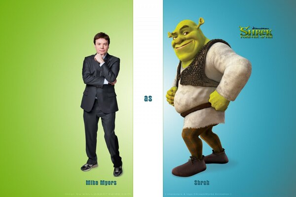 The actor is pictured next to his cartoon character Shrek