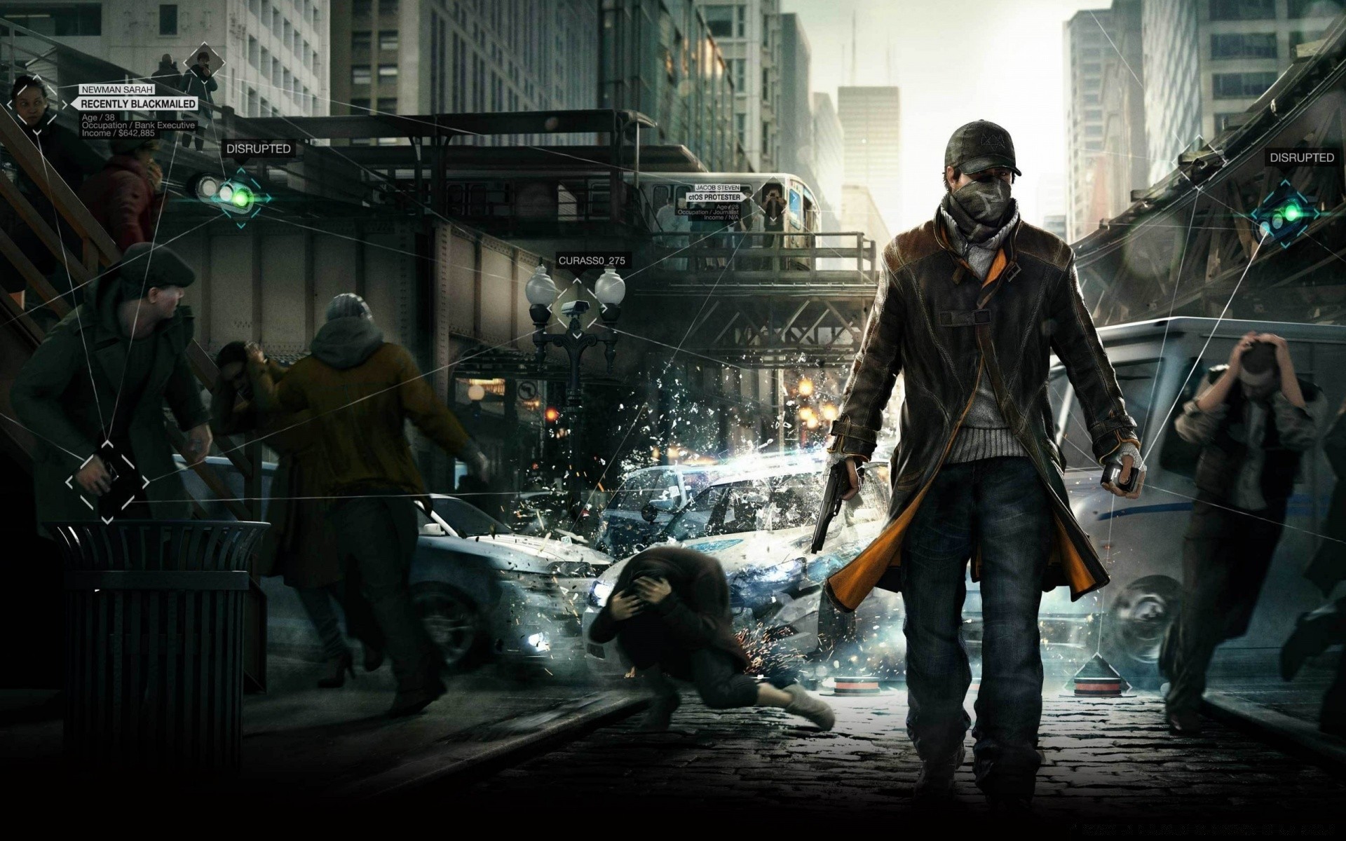 watch_dogs group adult police rebellion wear battle woman offense flame man calamity city one street weapon