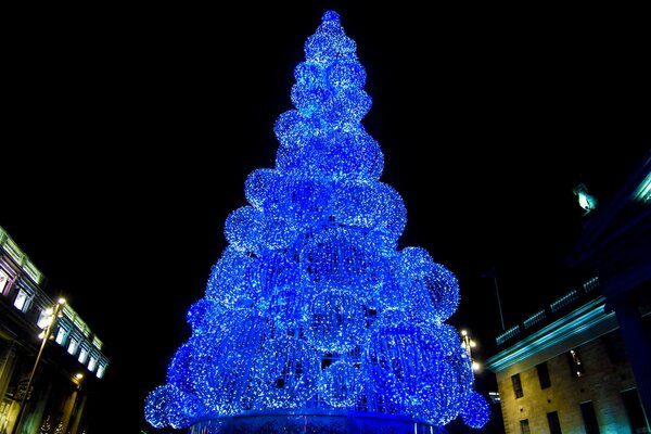 Outdoor Christmas tree made of glowing blue balls
