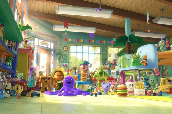 A picture from the cartoon toy story 3 with different toys in the room