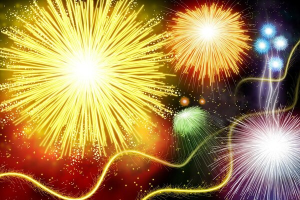 Explosion of bright fireworks in the sky
