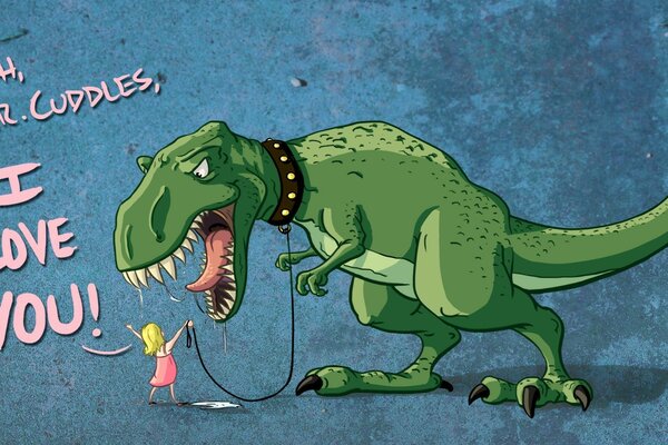 A dinosaur and a girl are friends in a place on a postcard