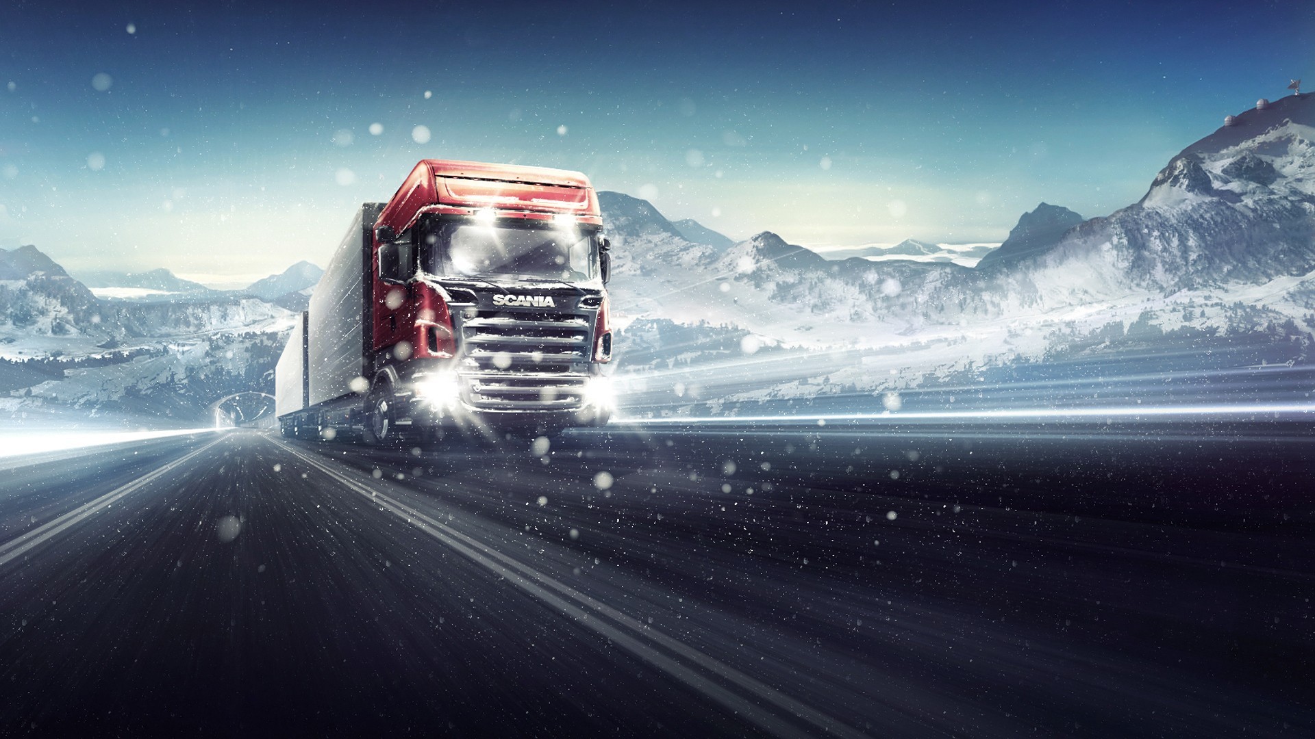 trucks snow winter travel transportation system landscape road mountain car fast light