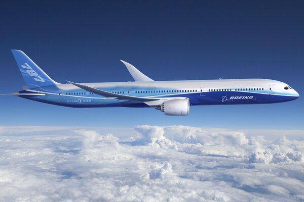 The Boeing plane is flying in the sky