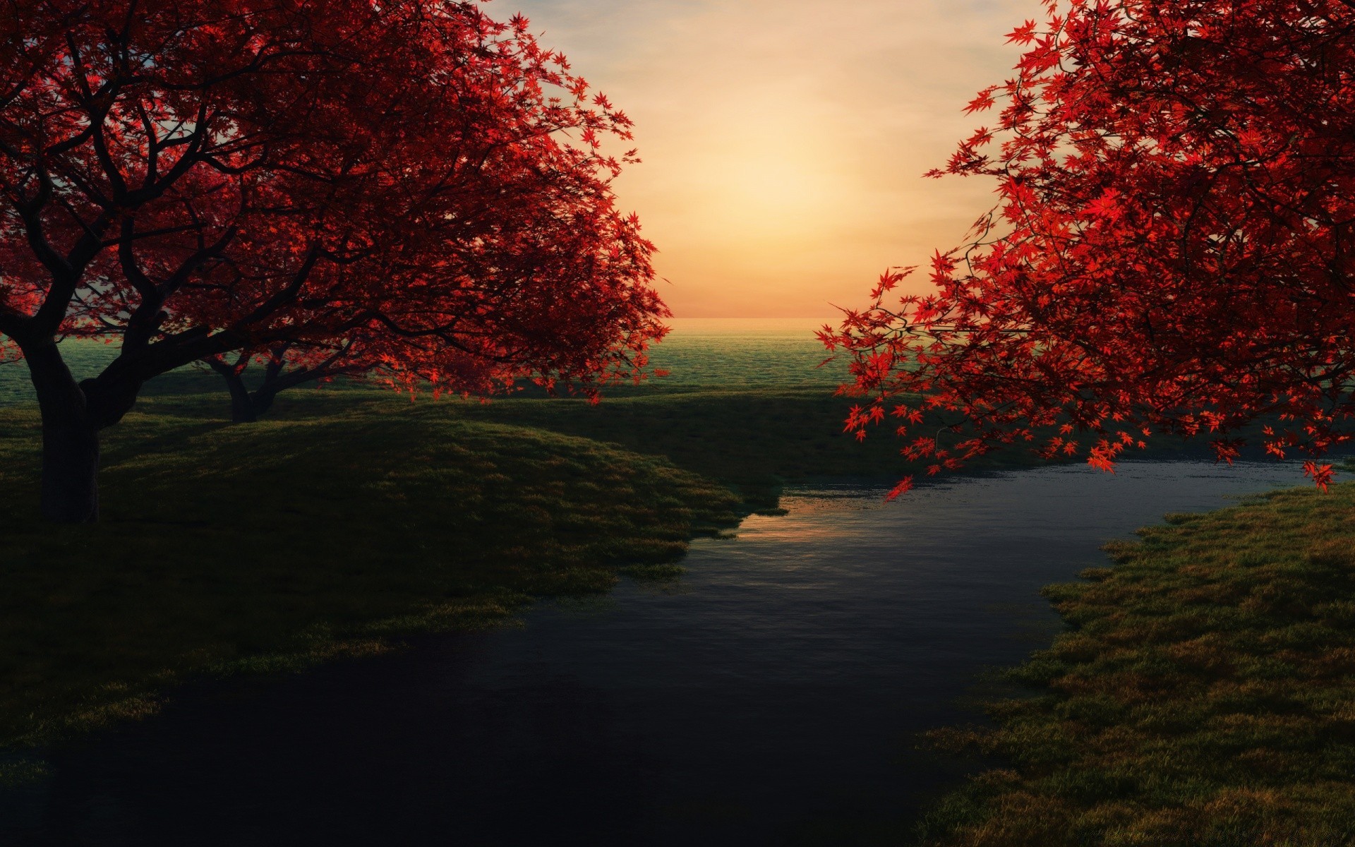 3d graphics fall tree leaf dawn landscape nature lake park wood outdoors fog maple evening