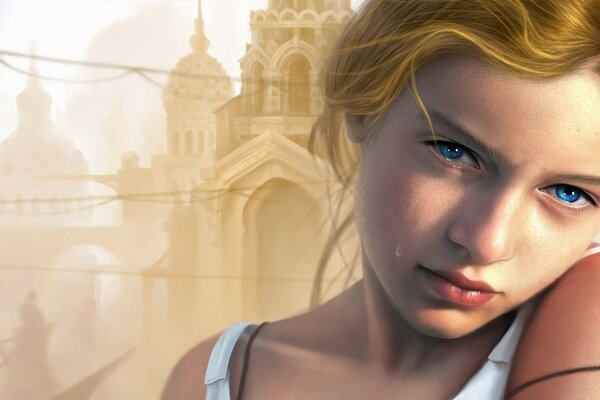 A girl with blue eyes on the background of buildings
